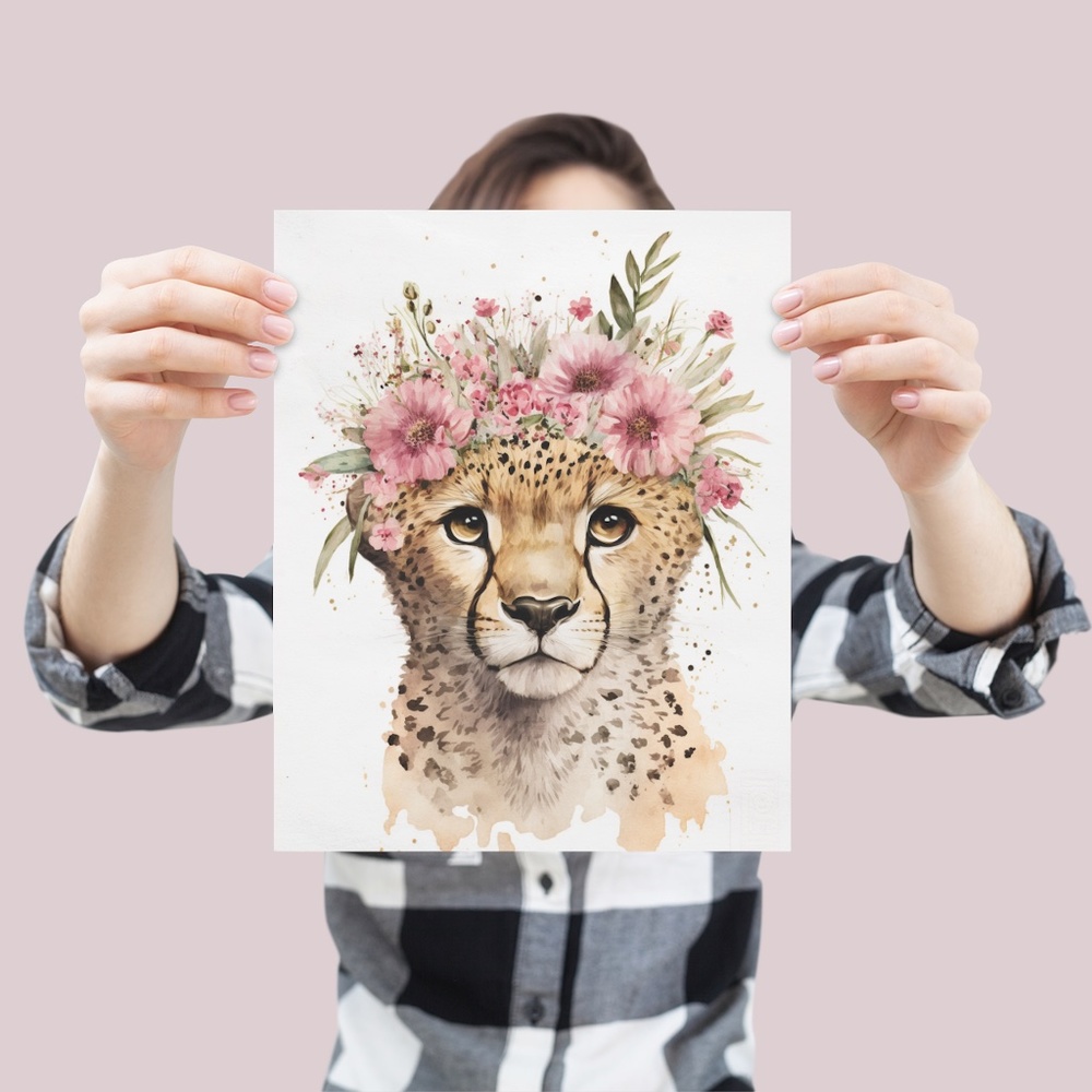 Cute Floral Cheetah Watercolor Wall Art Illustration Print Poster Card Unframed - Picture 4 of 8